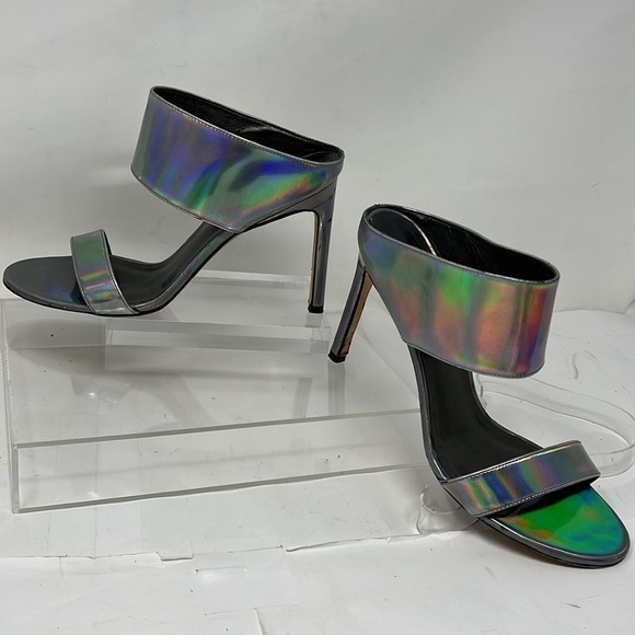 Stuart Weitzman Sz 8.5 MySlide Metallic Specchio Heel Sandal Silver Pewter - Picture 2 of 15